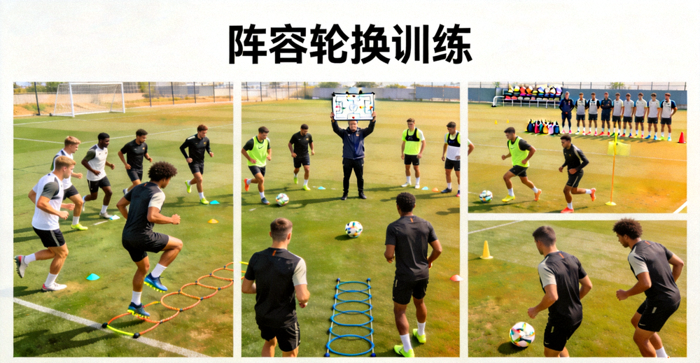 足球队在训练场上进行体能训练与战术演练，用于展示阵容轮换主题