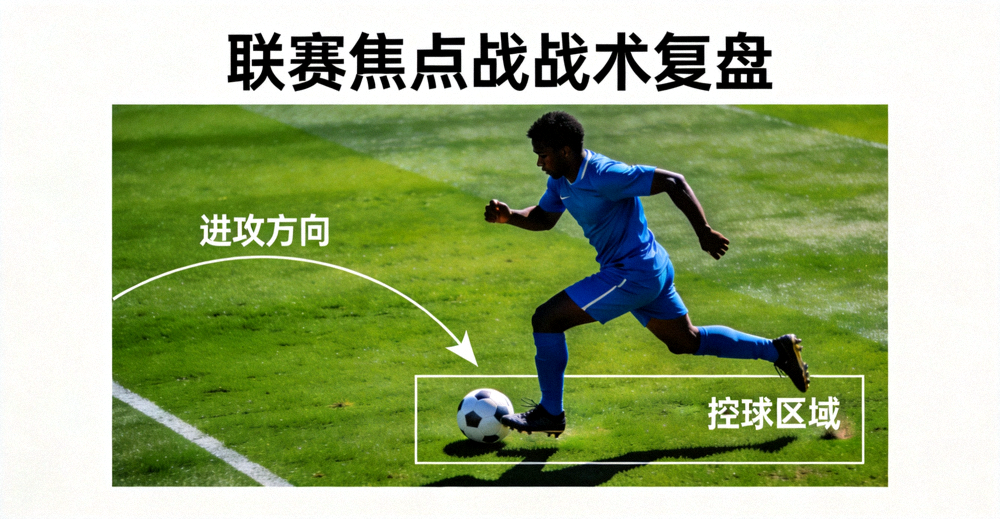 足球运动员在比赛中奔跑控球，用于展示联赛焦点战战术复盘主题