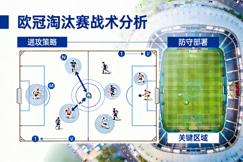 足球战术板与球场俯瞰画面结合，用于展示欧冠淘汰赛战术分析主题